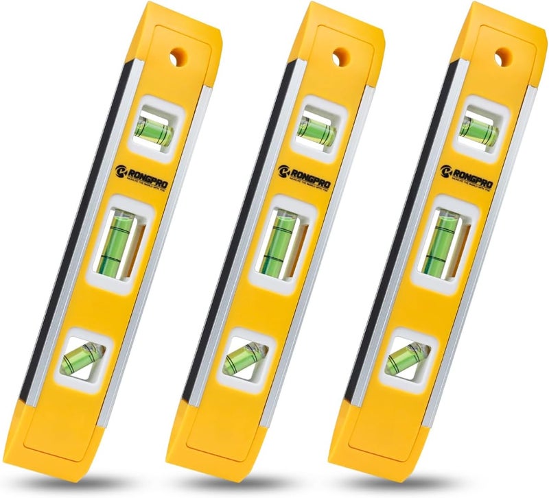 RONGPRO 9 Inch Torpedo Level, Magnetic Box Level with 45°/90°/180° Bubbles, Shock Resistant Bubble Level Tool for Measuring - 3 PCS - Image 1